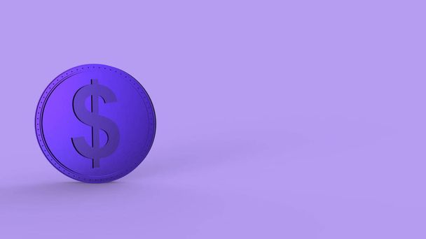 Violette Dollarmünze auf farbigem Hintergrund isoliert. 3d rendern isolierte Illustration, Geschäft, Management, Risiko, Geld, Bargeld, Wachstum, Bankwesen, Bank, Finanzen, Symbol. - Foto, Bild