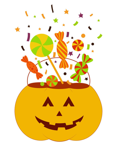 Halloween truc of trakteer emmer sticker. Jack o lantaarn pot voor snoepjes, snoepjes. Handgetekend grafisch element voor drukwerk.  - Vector, afbeelding