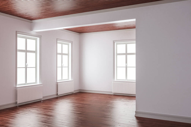 ハードウッドフローリングと家具なしの部屋の3Dレンダリング  - 写真・画像