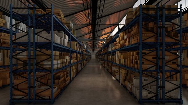 Lumineux soleil derrière les étagères à l'intérieur d'un entrepôt rendu 3D - Photo, image