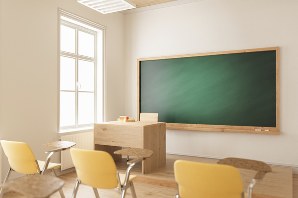 3D-s renderelés a tanári asztalról és a szelektív fókuszú tábláról - Fotó, kép