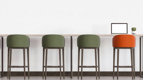Chaises vides en deux couleurs différentes avant la table en bois avec un rendu 3D pour ordinateur portable - Photo, image