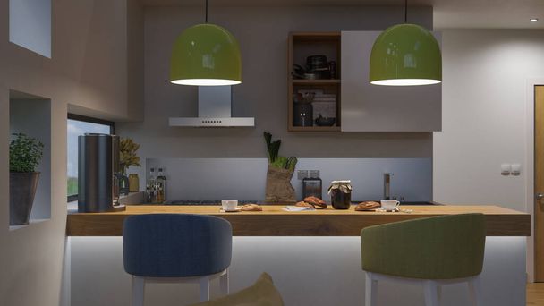 Modern Open Plan Kitchen in Dim Light - Photo, Image