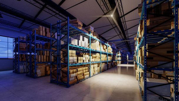 Bright Sunshine Behind the shelves Inside a Warehouse 3D Rendering - Fotografie, Obrázek