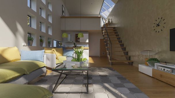 Дизайн дома открытой планировки с мезонином в ярком дневном свете с освещением и обставленным 3D рендерингом - Фото, изображение