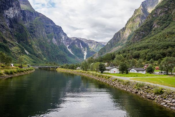Gudvangen Viking village on Naeroyfjord in Norway - Fotoğraf, Görsel