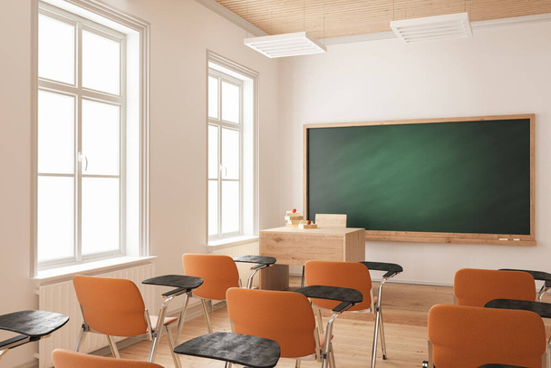 3d weergave van de leerkrachtentafel en het schoolbord met selectieve focus - Foto, afbeelding