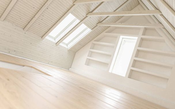3D απόδοση του Empty Loft Διαμέρισμα με μια σκάλα - Φωτογραφία, εικόνα