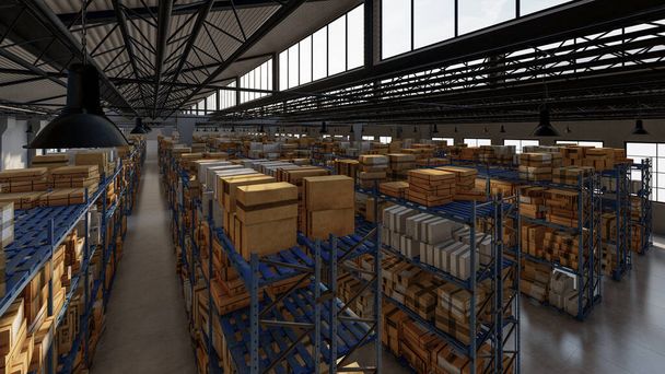 Bright Sunshine Behind the shelves Inside a Warehouse 3D Rendering - Fotografie, Obrázek