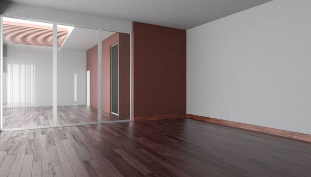3D vykreslování vnitřních dveří s posuvnými dveřmi a lineárním dřevěným stropem - Fotografie, Obrázek