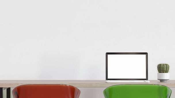 木製テーブル3Dレンダリング上のブランクホワイトスクリーンとサボテン工場とノートパソコン - 写真・画像