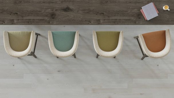 Tavolo lungo in legno con sedie multicolori vuote Rendering 3D - Foto, immagini