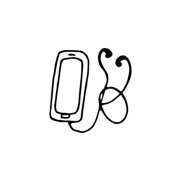 Auriculares con cable conectados a un smartphone. Auriculares modernos para escuchar música. Dibujado a mano. Imagen aislada sobre fondo blanco
. - Vector, Imagen