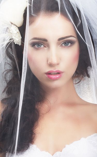 Delicacy. Caucasian Woman Hidden behind Traditional Bridal Veil - 写真・画像