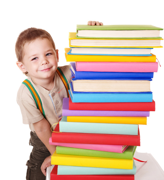 Child reading pile of books. - Фото, изображение