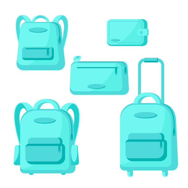 Conjunto de bolsas de viaje, maleta, mochilas, embrague aislado sobre fondo blanco. Iconos vectoriales en ilustración de estilo plano. Diseño de equipaje de viaje para pancarta, venta, tienda, tienda
 - Vector, Imagen