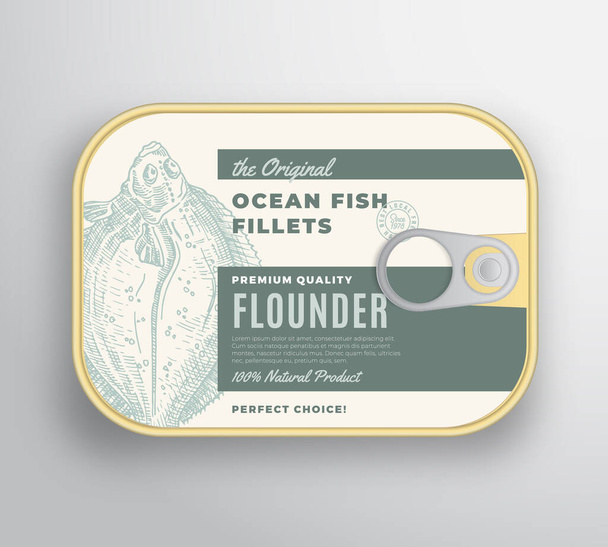 Abstract Vector Ocean Flat Fish Fillets Aluminium Container with Label Cover. Premium Canned Packaging Design. Retro Typography and Hand Drawn Flounder Silhouette Background Layout. - Wektor, obraz