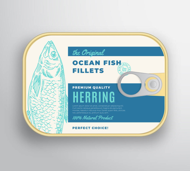 Abstract Vector Ocean Fish Fillets Aluminium Container with Label Cover. Premium Canned Packaging Design. Retro Typography and Hand Drawn Herring Silhouette Background Layout. - Wektor, obraz