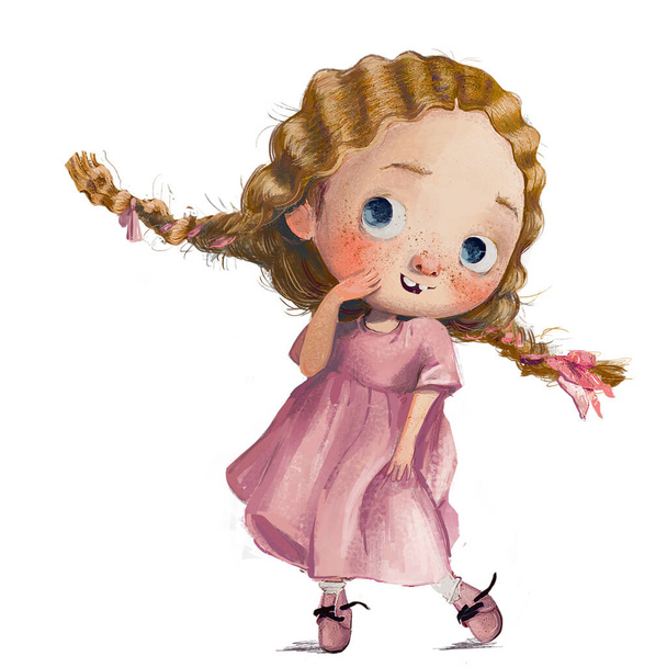 aranyos kis akvarell lány rózsaszín ruhában - Fotó, kép