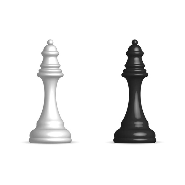 Photo realistic black and white chess piece queen. Front view, vector illustration. - Вектор,изображение