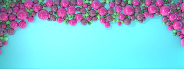 Auf blauem Hintergrund sind rosa, lila und grüne Perlen in verschiedenen Größen verstreut. Moderner schöner Hintergrund. - Foto, Bild