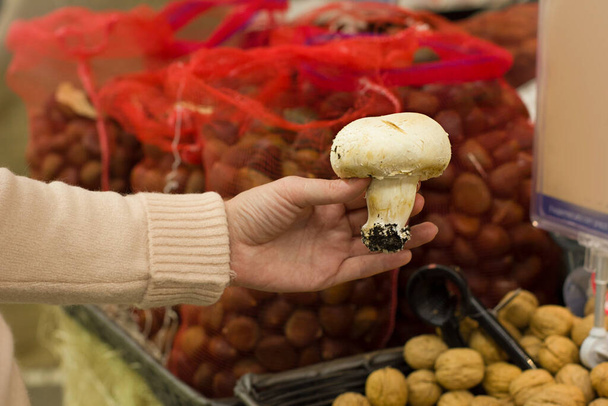 Γυναικεία χέρι επιλέγοντας μανιτάρια στο σούπερ μάρκετ. Έννοια των υγιεινών τροφίμων, βιο, χορτοφάγος, διατροφή. - Φωτογραφία, εικόνα