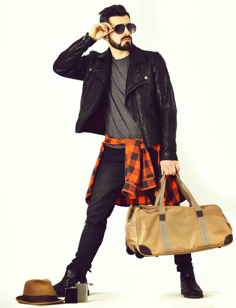 Bearded man, caucasian hipster with moustache holding stylish bag - Fotoğraf, Görsel