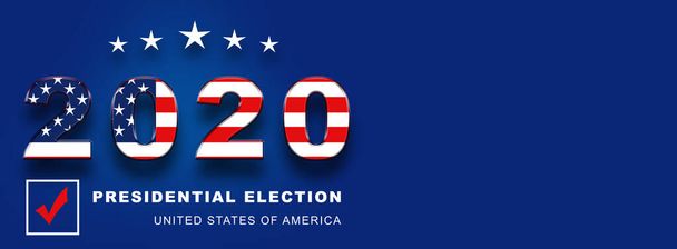 Amerikaanse presidentsverkiezingen 2020 Amerikaanse stem, horizontaal banner ontwerp op blauwe achtergrond.Illustratie.Kopieer ruimte voor tekst.Banner - Foto, afbeelding