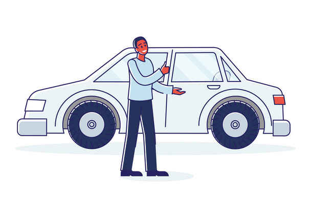Muž prodejce aut ukazuje nové auto na nákup nebo pronájem. Koncept služby prodeje vozidel - Vektor, obrázek