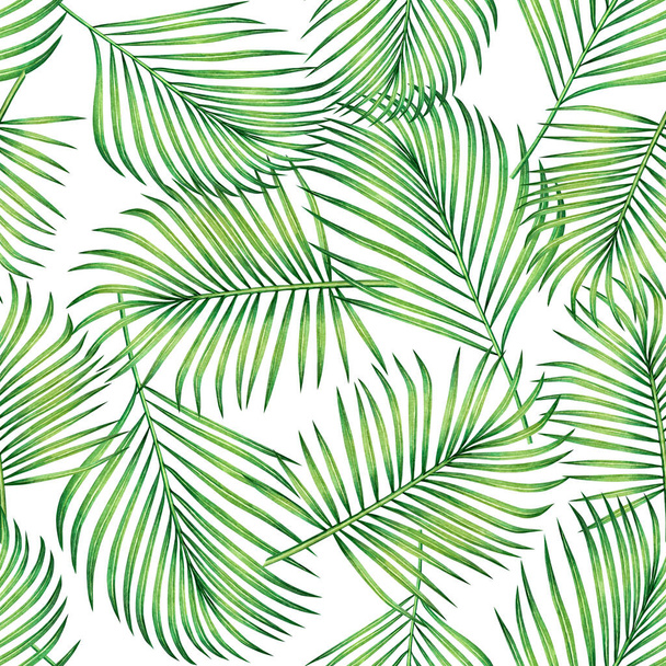 Akvarel malba kokos, banán, palmový list, zelené listy bezešvé vzor pozadí.Akvarel ručně kreslené ilustrace tropické exotické listy tisky pro tapety, textil Havaj aloha styl džungle. - Fotografie, Obrázek