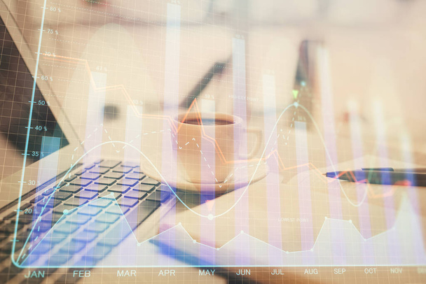 Double exposure of financial chart drawing and desktop with coffee and items on table background. Concept of forex market trading - Fotoğraf, Görsel