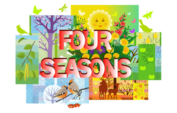 Four seasons nature background collage in patchwork style isolated. Winter, spring, summer, autumn. - Vector, Image