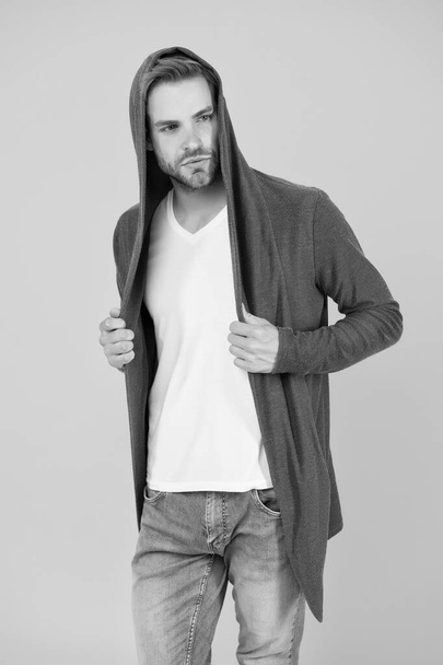 Fashionable and stylish. Fashionable man yellow background. Fashionable look of vogue model. Handsome wear fashionable hoodie. Casual wear for men. Fashion and style trends - Foto, Imagem