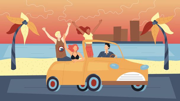 Concept Of Summer Holidays. Happy Friends Travelling By Car On Summer Vacations. People Enjoy Driving Cabriolet. Male And Female Characters Travel Together. Cartoon Flat Style. Vector Illustration - Vector, Image
