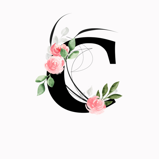 Floral monogram (letter C) - decorated with pink roses and leaves, watercolor - Photo, Image