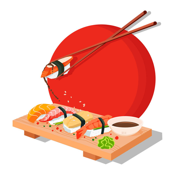 Set Sushi. Chopsticks, wasabi, soy sauce, nigiri, rolls and wood serving board. Color vector flat cartoon illustration isolated on red sun. For icon and menu. - Vector, Image