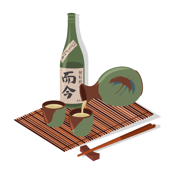 Sake glass, bottle, chopstick, bamboo mat and japan calligraphic hieroglyph. Ilustración plana de dibujos animados a color vectorial aislada sobre fondo blanco
. - Vector, imagen