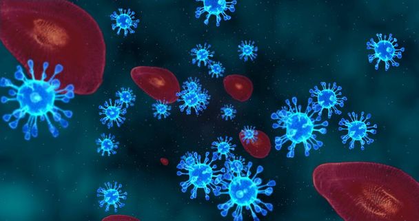 Células del Coronavirus. Grupo de animación de virus que causan infecciones respiratorias bajo el microscopio. Renderizado 3D, ilustración 3D - Foto, imagen