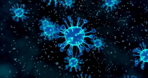 Koronaviruksen soluja. Animaatioryhmä viruksia, jotka aiheuttavat hengitystieinfektioita mikroskoopin alla. 3D-mallinnus, 3D-kuvitus - Valokuva, kuva