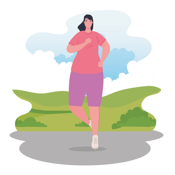 nainen maratoonari käynnissä urheilullinen, nainen käynnissä kilpailussa tai maraton rodun juliste, terveellistä elämäntapaa ja urheilua - Vektori, kuva