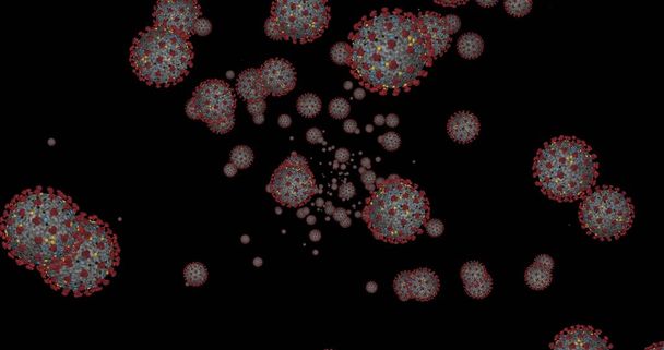 Komórki koronawirusowe COVID-19 Choroba zakaźna. Szybka transmisja rozprzestrzenia choroby. Wysoka koncentracja animacji koronawirusowej. 3D renderowania z alfa chanel 3D ilustracji - Zdjęcie, obraz