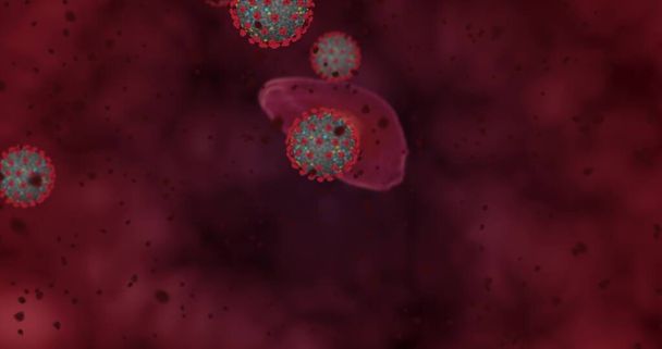 Yüksek konsantrasyon Coronavirus hastalığı Covid-19. Virüs ve kırmızı kan hücrelerinden oluşan animasyon grubu mikroskop altında toplanıyor. 3B görüntüleme - Fotoğraf, Görsel