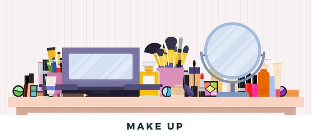 Make up kit. Vector flat illustrations. Decorative cosmetics on the table against a white wall. - Вектор,изображение