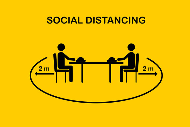 レストランと社会的距離の概念.食堂でテーブル席の手配でレストランで食事を座っている人々.安全な距離を保ちます2メートル.新しい通常のアイコンベクトル.フラットサインとシンボル. - ベクター画像