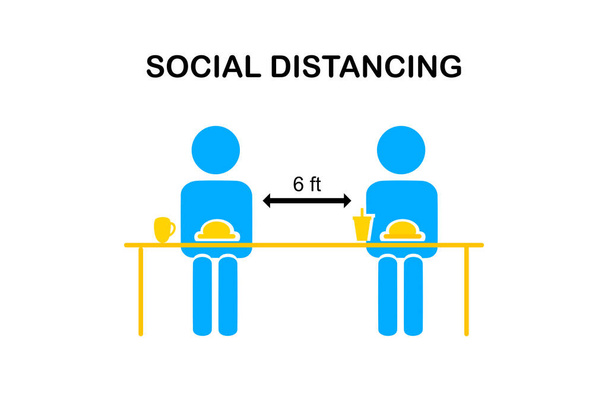 Restaurant and social distancing concept.People sitting in restaurant eating food with table seating arrangements in Canteen.Alternate seating in local public food courts.safety measures. line icon. - Vector, Image