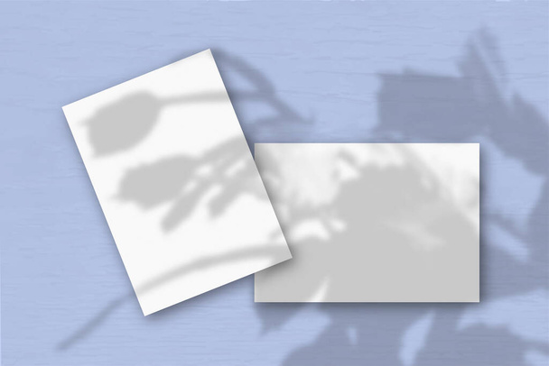 2 folhas de papel texturizado branco contra uma parede azul. Mockup com um overlay das sombras da planta. A luz natural lança sombras de um zigoto. Flat lay, vista superior. Orientação horizontal. - Foto, Imagem
