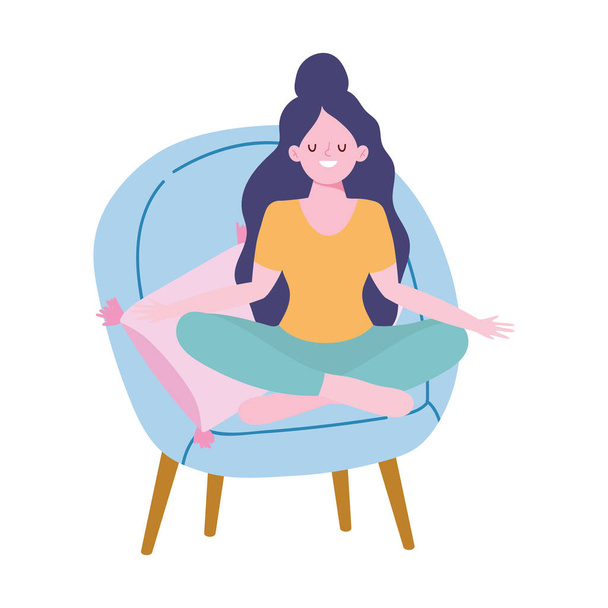 rester à la maison, fille en méditation yoga pose sur chaise, isolement personnel, activités en quarantaine pour le coronavirus - Vecteur, image