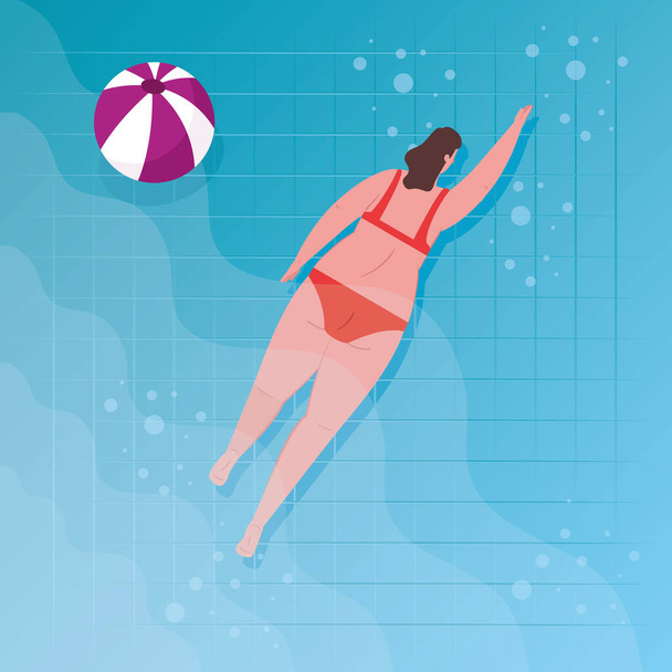 kobieta ubrana w strój kąpielowy pływająca w basenie, kobieta wykonująca letnie zajęcia wodne na świeżym powietrzu - Wektor, obraz