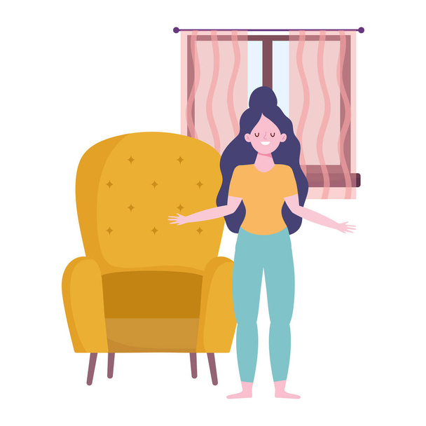 остаться дома, девушка, стоящая в комнате дома, самоизоляция, деятельность в карантине для коронавируса
 - Вектор,изображение