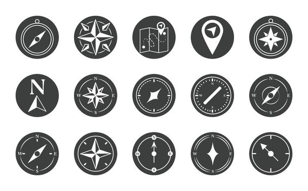 kompas růže navigace kartografie cestování prozkoumat zařízení ikony sada siluety design ikona - Vektor, obrázek